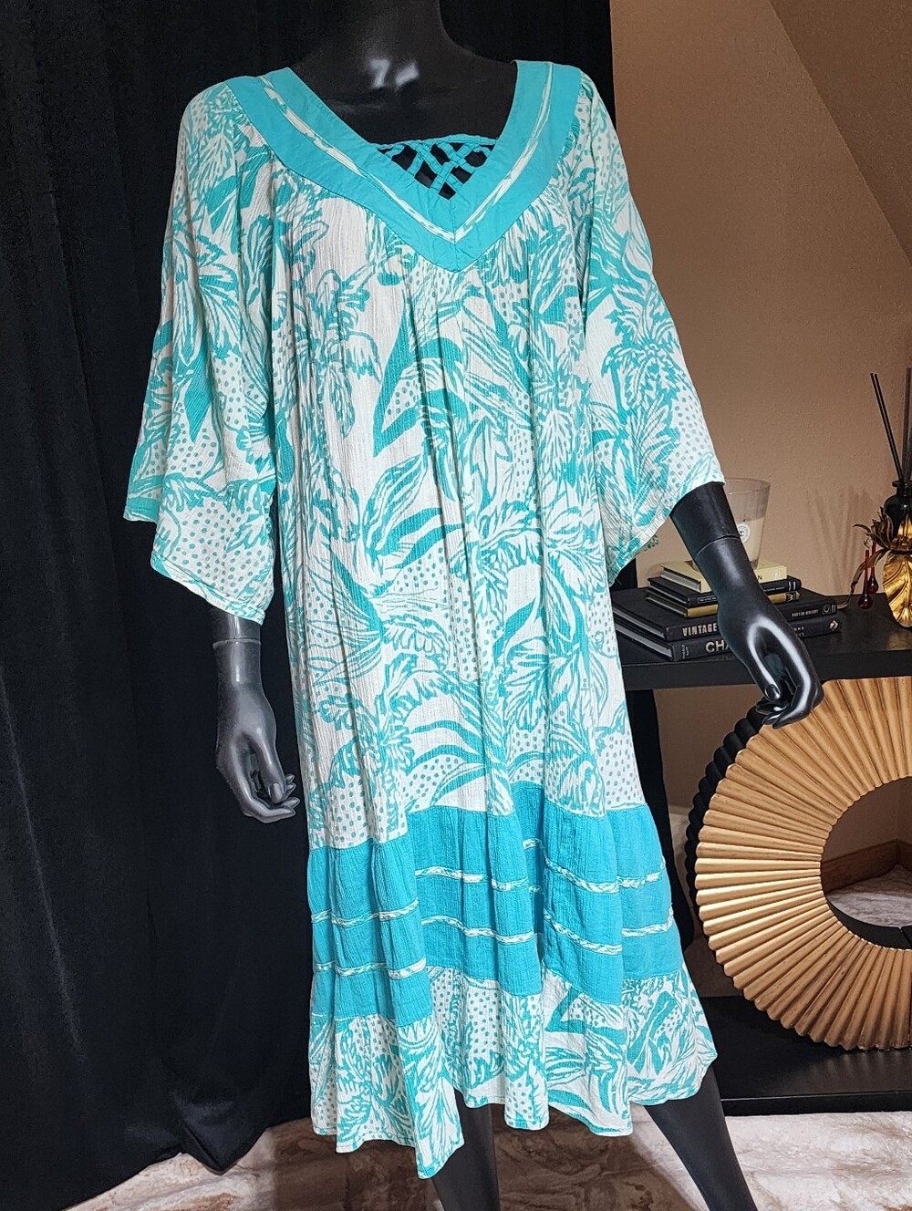 NATIONAL 80s Tropical Caftan Dress Turquoise Resort Boho Midi M/L - Picture 6 of 12